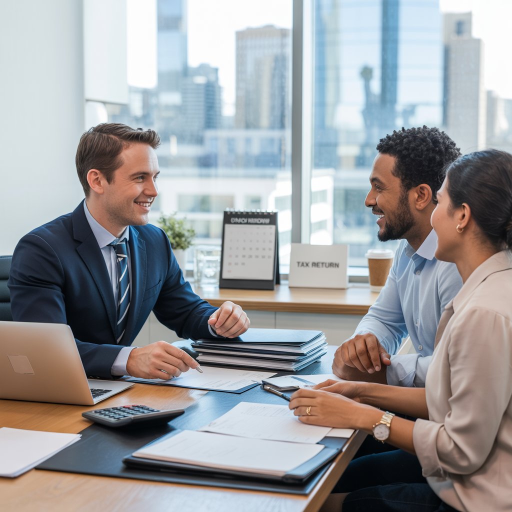 A professional tax consultant in a modern office is meeting with a smiling couple, discussing rental property tax return details. The desk has documents, a calculator, a laptop, and a coffee cup. In the background, a "Tax Return" sign and a calendar are visible, with large windows showing a bright cityscape.