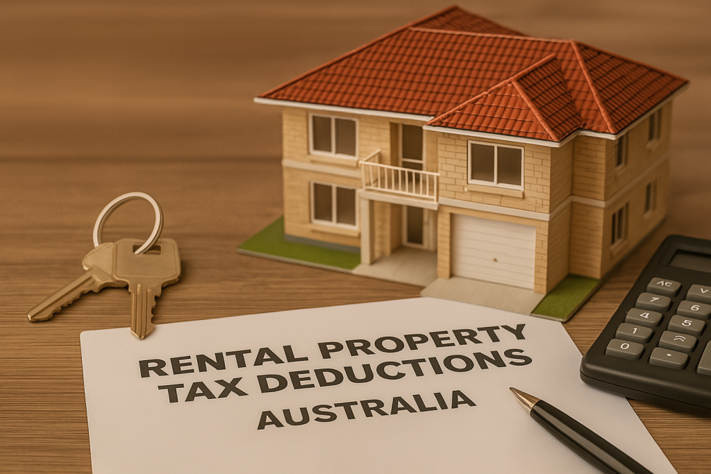 Rental property tax deductions paperwork with house model, keys, and calculator – Australian landlord tax guide 2025