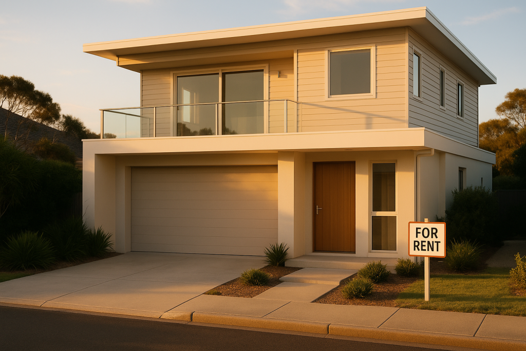 Modern Australian holiday home with ‘For Rent’ sign illustrating ATO rules for claiming tax deductions in 2025. Australian holiday home tax deductions 2025 ATO rental rules explained