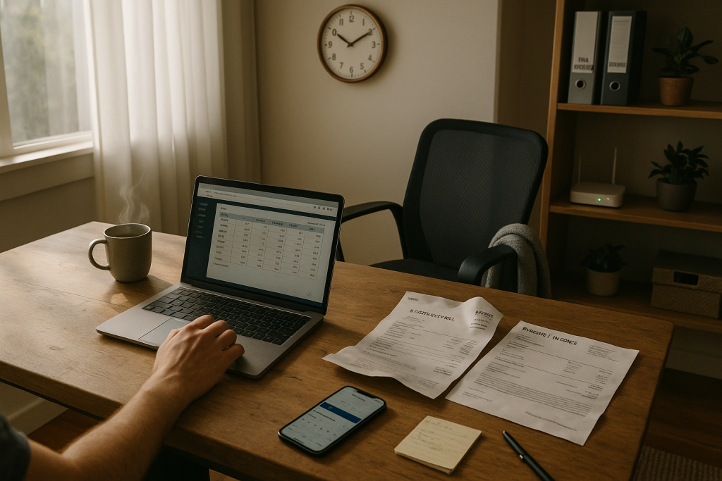 A warm-toned home office setup with a person working on a laptop showing financial spreadsheets, surrounded by tax documents, a phone with a calendar app open, a sticky note pad, and a coffee mug — representing work-from-home tax preparation for Australian taxpayers in 2025.