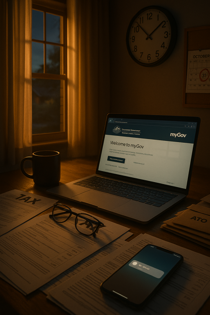 ATO myGov tax return deadline reminder – laptop screen with ATO portal open, late night paperwork, calendar marked for October 31 tax deadline, symbolizing late tax lodgement in Australia 2025.