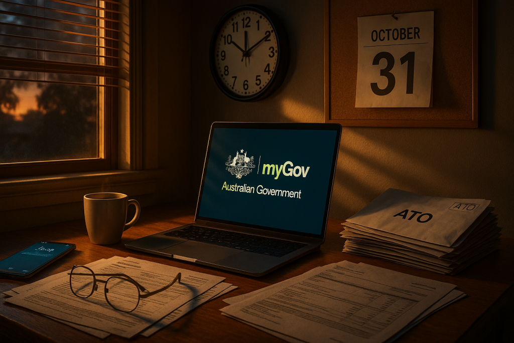 ATO myGov tax return deadline reminder – laptop screen with ATO portal open, late night paperwork, calendar marked for October 31 tax deadline, symbolizing late tax lodgement in Australia 2025.