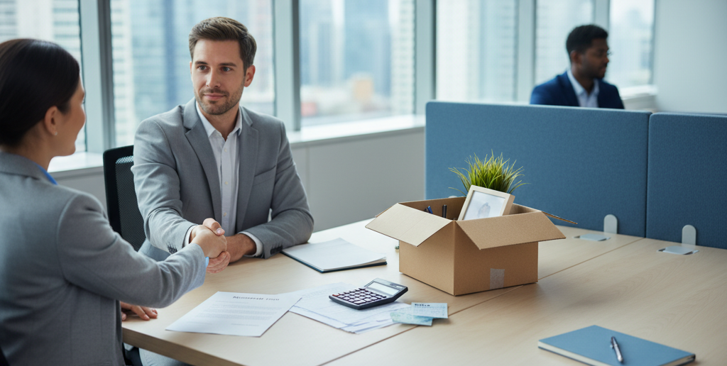 Professional meeting between employee and HR manager discussing employment termination payment (ETP) in a modern Australian office. A cardboard box with personal items on the desk symbolizes job transition, redundancy, or resignation. Perfect visual representation for blog about ETP taxation, redundancy payouts, and employee entitlements in Australia.