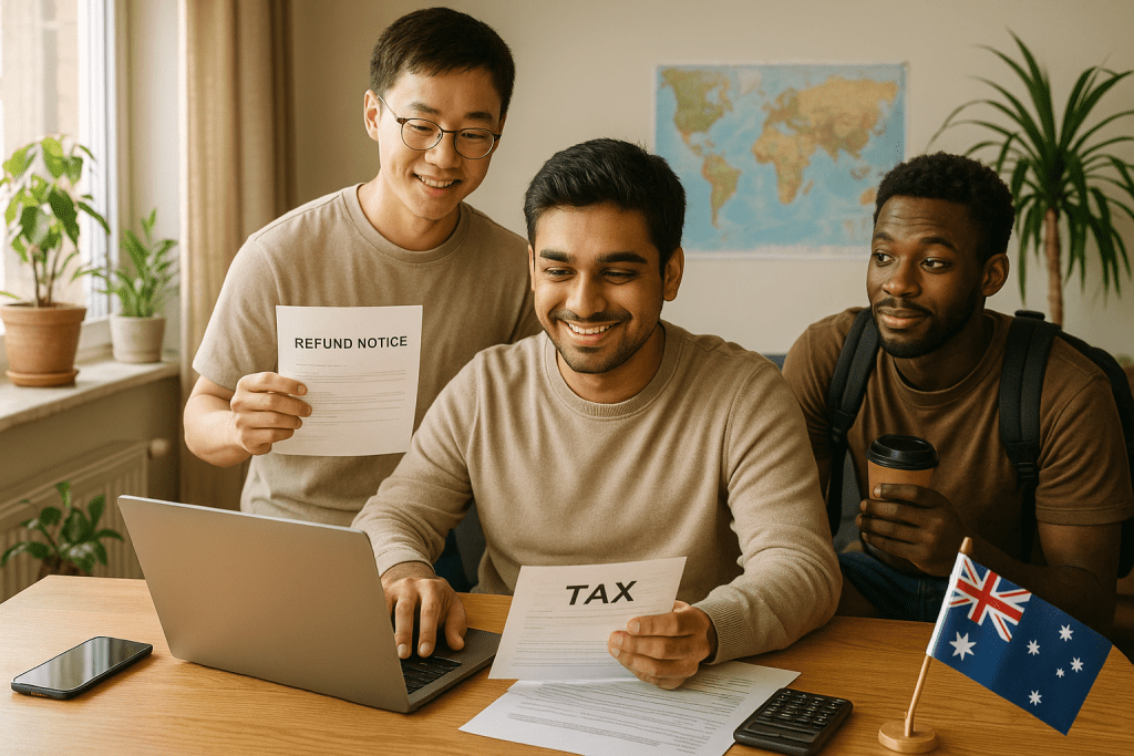 Three international students in Australia smiling while reviewing their tax and refund notice documents on a laptop, representing easy and stress-free tax return filing with Tax NextGen.