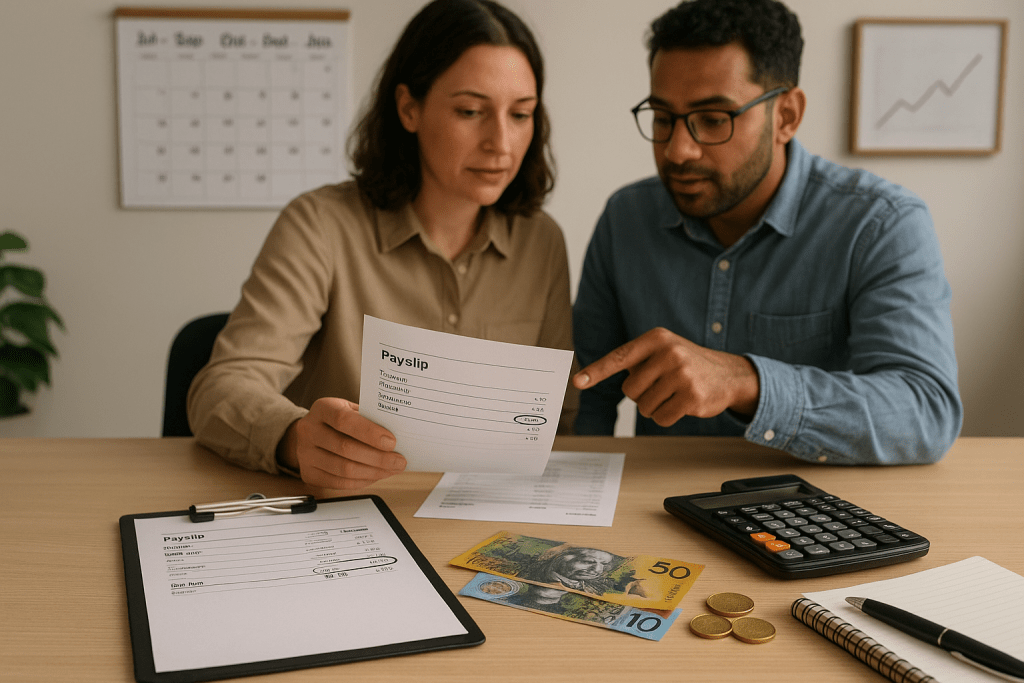 Two employees reviewing payslips with Australian dollar notes and calculator on desk concept of Super Guarantee (SG) rates, payroll compliance, and superannuation contributions in Australia 2025.