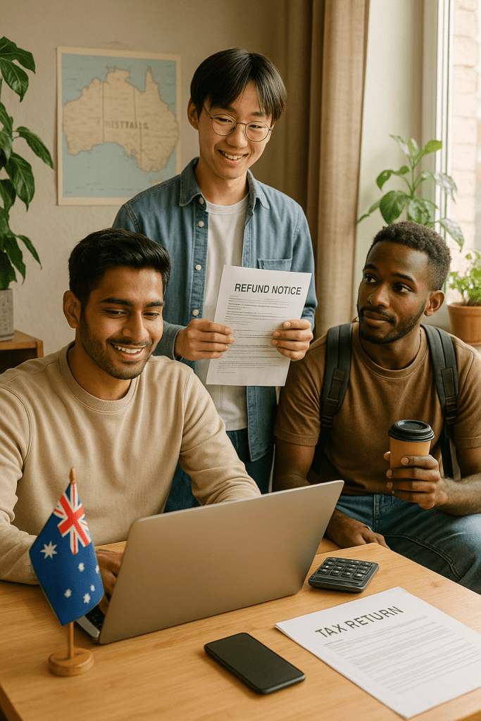 Group of diverse international students in Australia happily reviewing a tax refund notice beside an Australian flag, symbolising success and fast student tax refunds.