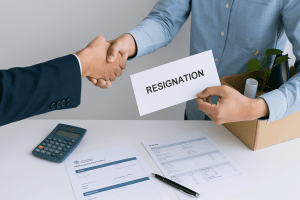 Professional meeting between employee and HR manager discussing employment termination payment (ETP) in a modern Australian office. A cardboard box with personal items on the desk symbolizes job transition, redundancy, or resignation. Perfect visual representation for blog about ETP taxation, redundancy payouts, and employee entitlements in Australia.