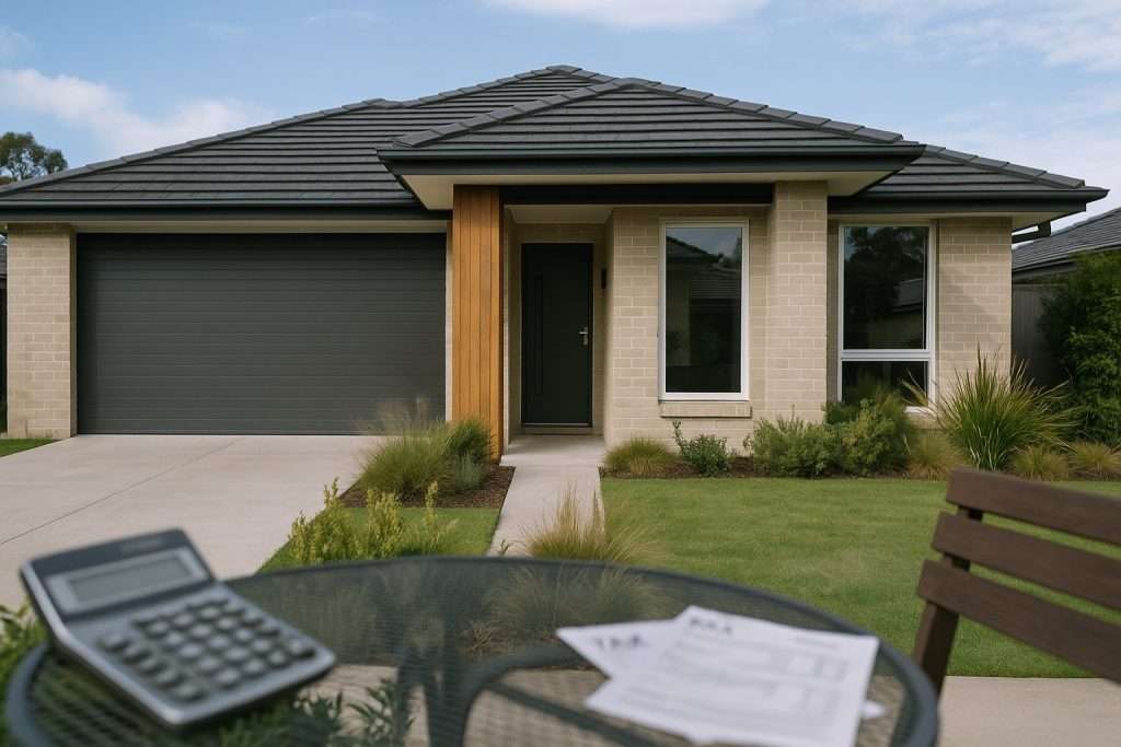 A modern Australian suburban home with a neatly landscaped front yard, captured in bright natural daylight. In the foreground, a glass garden table holds a calculator and tax documents, symbolising capital gains tax considerations when renting or using a home for income.