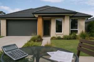 A modern Australian suburban home with a neatly landscaped front yard, captured in bright natural daylight. In the foreground, a glass garden table holds a calculator and tax documents, symbolising capital gains tax considerations when renting or using a home for income.