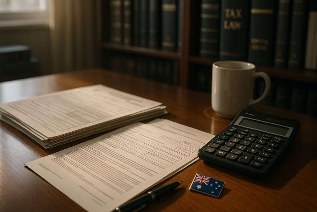 A professional Australian tax advisor’s desk with tax documents, calculator, pen, coffee mug, and an Australian flag pin — symbolizing tax law, capital gains, and rental property tax return compliance under Commissioner’s Remedial Power (CRP).