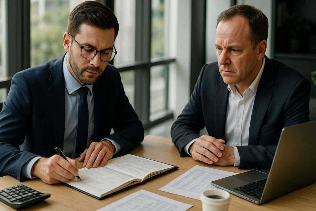 Two business professionals reviewing company car and tax documents in a Melbourne office, analyzing Fringe Benefits Tax (FBT) compliance and business tax return details to avoid unexpected ATO liabilities concept of safeguarding businesses from FBT risks.